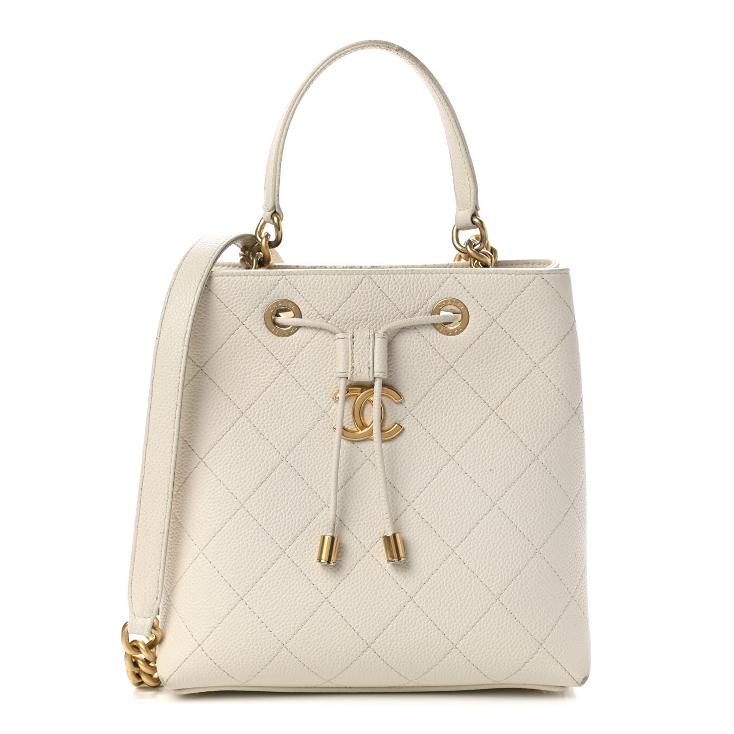 CHANEL FRONT Grained Calfskin Stitched Small Drawstring Bag White
